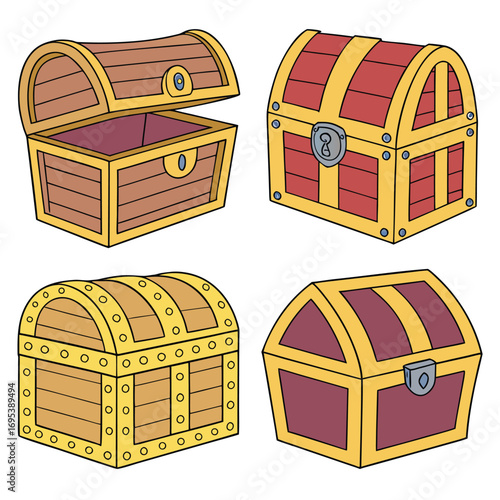Collection of four cartoon treasure chests with different designs and colors on a white background