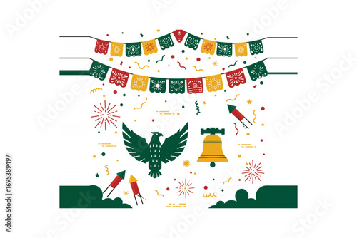 Festive Celebration with Eagle, Bell, and Fireworks Display on White Background