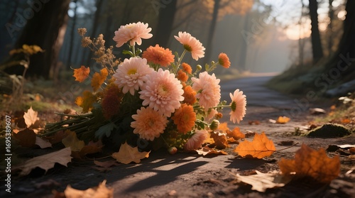 A fallen bouquet of autumn flowers and leaves on a forest road.