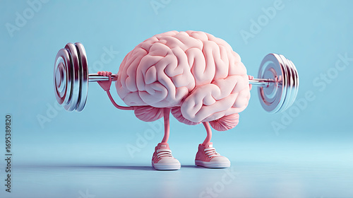 Exercising muscles brain lifting heavy weights concept. A playful brain character lifting weights, symbolizing mental strength.