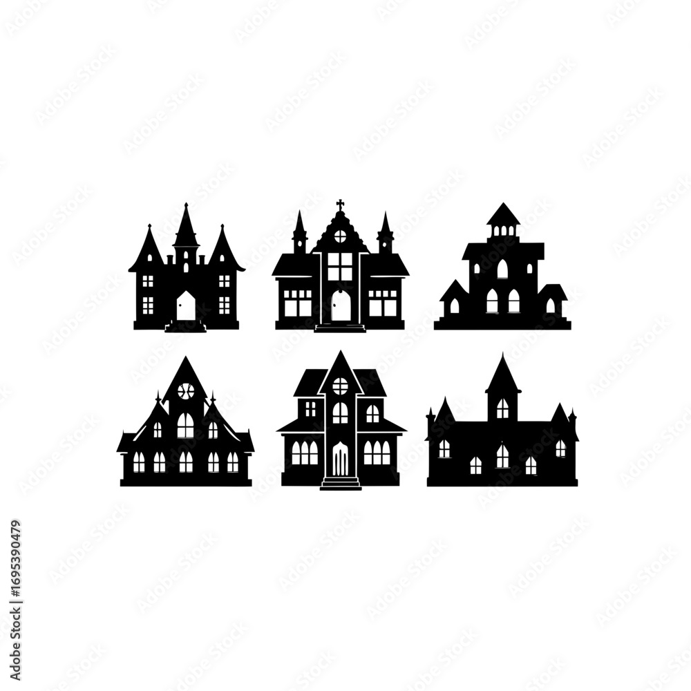 Obraz premium 6 different mansion silhouette vector icons set
