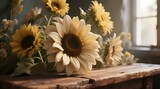 A rustic still life of sunflowers on a wooden table.