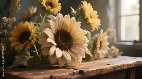 A rustic still life of sunflowers on a wooden table.