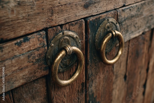 Close-up of antique wooden door with ornate brass ring handles