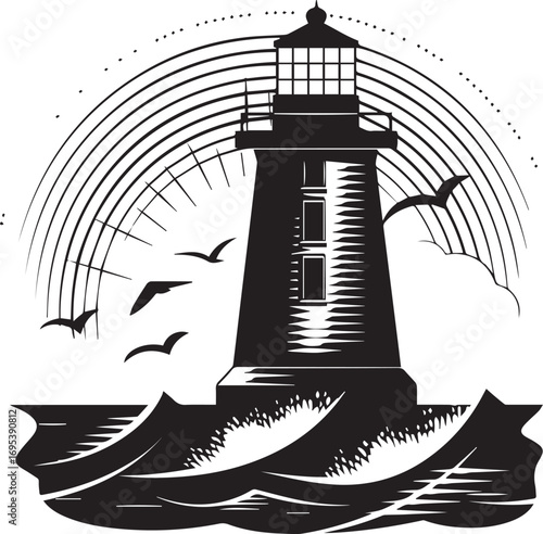 Guiding Light: A stylized illustration of a lighthouse standing tall against the backdrop of a beautiful rainbow and soaring seabirds, with a message of hope and security.