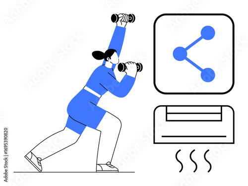 Woman lifting dumbbells in a workout pose, share icon concept, warming device emitting heat. Ideal for wellness, exercise motivation, technology, lifestyle campaigns, fitness blogs, healthy living