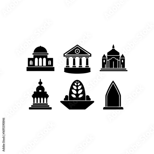6 different museum silhouette vector icons set