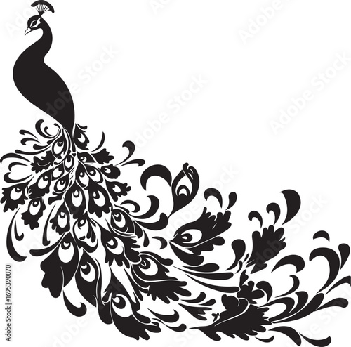 Peacock Silhouette in Elegance: An elegant black peacock silhouette, its ornate tail feathers in full display, embodying grace and charm. 