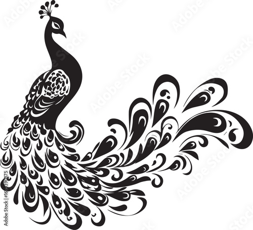 Peacock Silhouette: A beautiful peacock stands in profile, its iconic tail feathers elegantly fanned in a striking silhouette.
