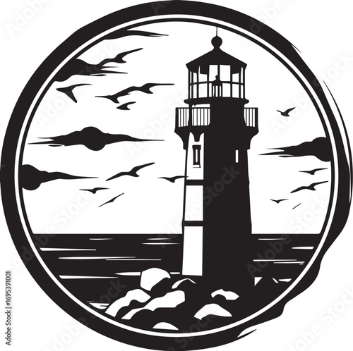 Beacon of Guidance: A stylized illustration captures the essence of a lighthouse guiding ships to shore, a beacon of hope in a circular artistic expression, seagulls soar in the sky.