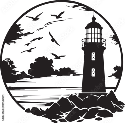 Beacon of Guidance: A solitary lighthouse stands tall, casting its watchful gaze over the sea under a sky filled with soaring seagulls, an emblem of safety and hope.