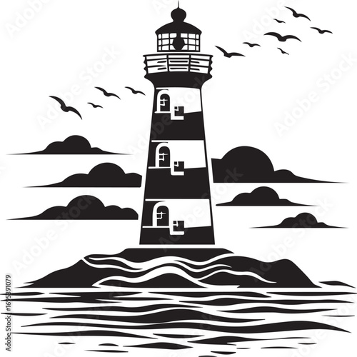 Guiding Light: A stark silhouette of a lighthouse stands tall amidst the rolling sea, with birds soaring above, against a dynamic and moody sky, conveying safety and direction.