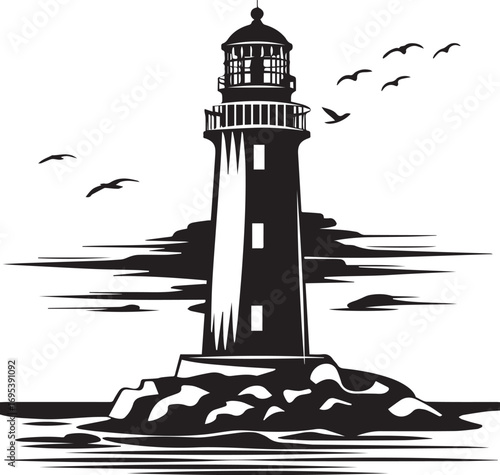 Guiding Light: A detailed illustration showcases a classic lighthouse, standing strong against a dramatic sky. The lighthouse is rendered in black and white, its beam guiding the way for sailors.