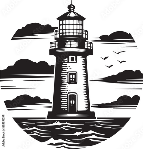 Guiding Light: An iconic lighthouse stands tall against the backdrop of the sea and sky, rendered in striking black and white, a timeless symbol of guidance and hope. 