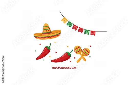 A festive vector illustration set for Mexican Independence Day, featuring iconic cultural symbols like a sombrero, maracas, and chili peppers