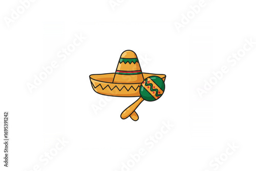 Vibrant illustration of a traditional Mexican sombrero hat and maraca, a festive symbol for Cinco de Mayo celebrations and cultural events
