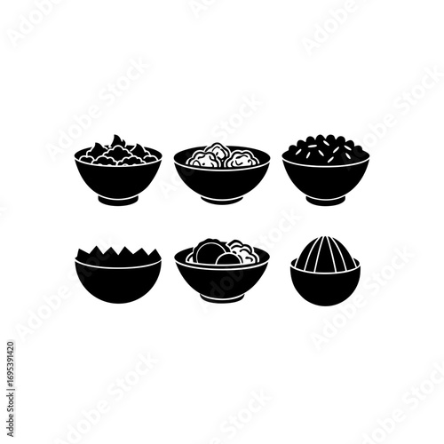 6 different poke bowl silhouette vector icons set