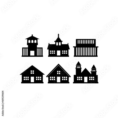 6 different prison building silhouette vector icons