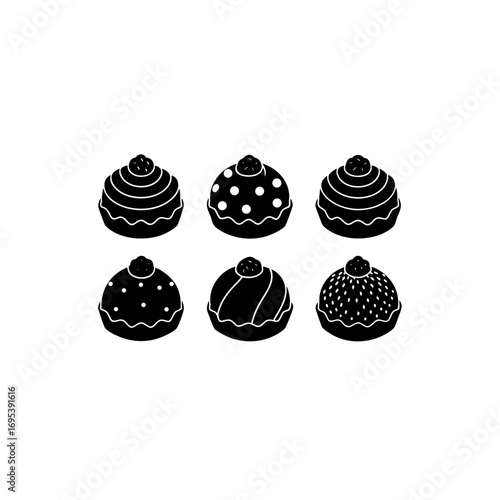 6 different profiterole silhouette vector icons set