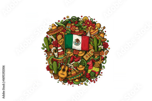 A vibrant and detailed circular illustration celebrating Mexican culture with traditional symbols like sombreros, guitars, and the national flag
