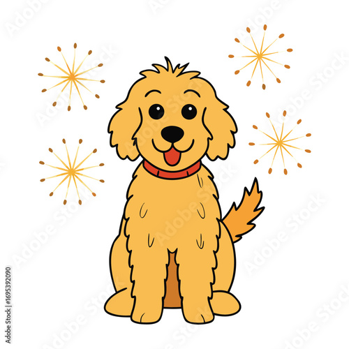 A playful Goldendoodle gazes in awe at the night sky as colorful fireworks burst above, capturing the joy, warmth, and wonder of a festive celebration.
