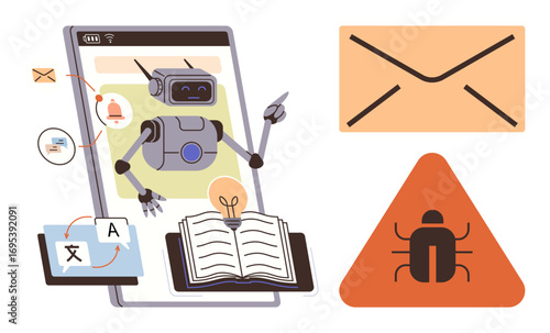 Robot on a smartphone managing emails, translating text, reading data, detecting a bug. Ideal for AI, technology, automation, email security translation digital learning cybersecurity concepts. A