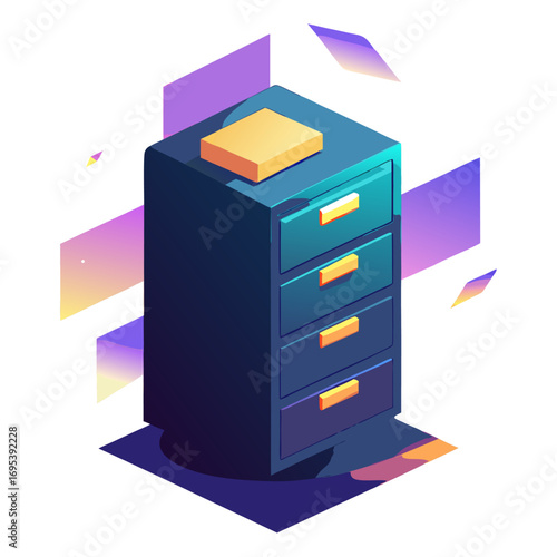 Isometric illustration of a dark blue, four-drawer filing cabinet with a book on top, accented by abstract purple/magenta geometric shapes.