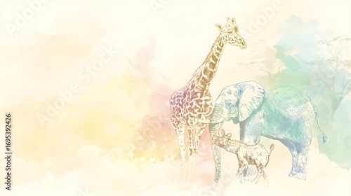 Watercolor safari animals in soft pastel tones, featuring gentle elephant and giraffe illustrations.