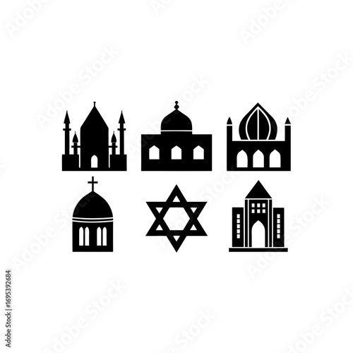 6 different synagogue silhouette vector icons set