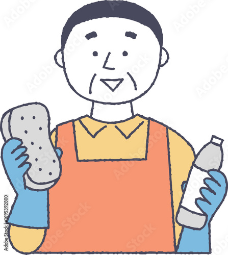 清掃道具を持つシニア男性