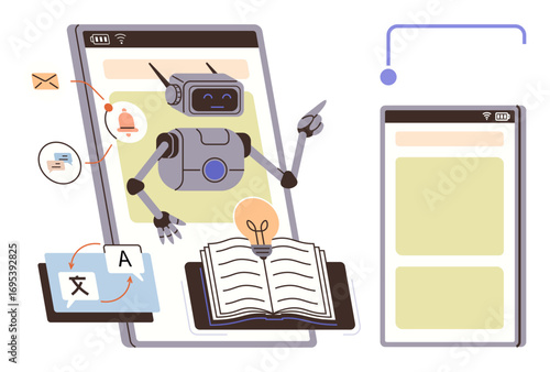 Robot interacting with open book, screens, translation tools, email alerts, and notifications. Ideal for education, technology, AI, automation multitasking language learning digital assistance