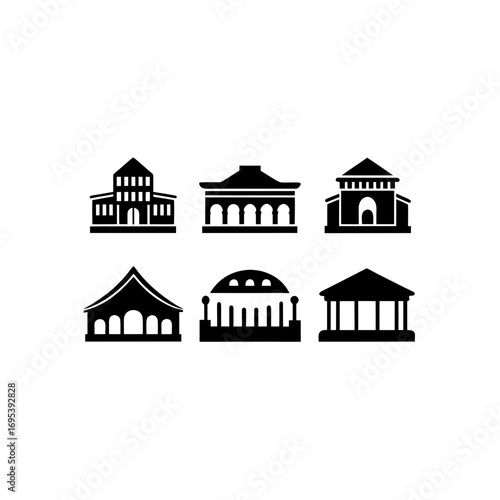 6 different theater building silhouette vector icons