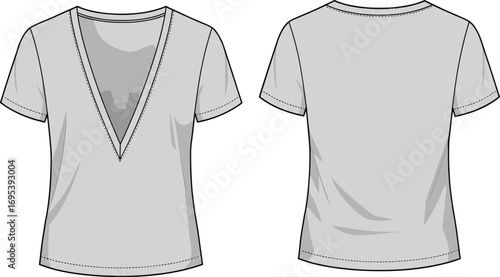 Women’s fashion flat sketch V-neck T-shirt design, front and back view, short sleeve apparel template, clothing mockup vector illustration