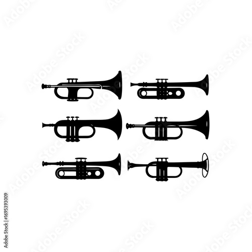 6 different trumpet silhouette vector icons set