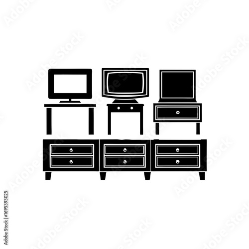 6 different tv stand silhouette vector icons set