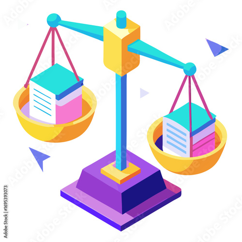Vibrant isometric illustration of a justice scale balancing two equal stacks of pink/cyan documents or boxes, symbolizing equality, compliance, or comparison.