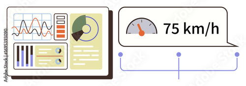 Data graphs, pie chart, and controls on a dashboard paired with a speedometer indicating 75 kmh. Ideal for analytics, efficiency tracking, performance monitoring, progress analysis, technology