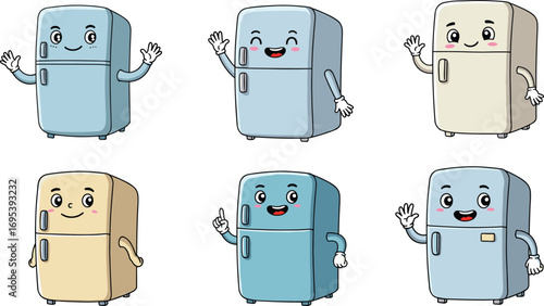 Cute cartoon refrigerator illustration with happy face, kawaii fridge characters, funny kitchen appliance design, adorable comic household art, vector