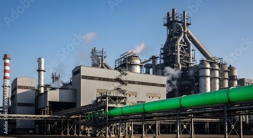 Industrial Factory with Smoke Emissions and Green Pipelines in Clear Sky