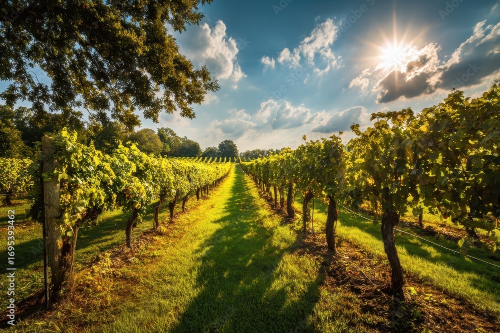 Naklejka premium Sunny Vineyard Rows with Lush Green Grapevines under a Bright Blue Sky