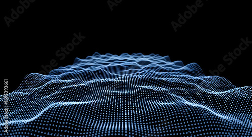 Abstract Digital Waves Of Blue Light On A Dark Background Creating An Illusion Of Depth