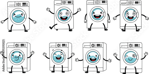 Cute cartoon washing machine illustration with happy face, funny laundry appliance characters, kawaii style home design, cleaning household comic art