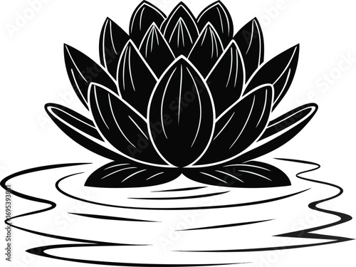 Elegant black and white illustration of a lotus flower blooming on rippling water symbolizing purity and enlightenment
