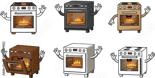 Cute cartoon oven illustration with pizza baking inside, happy kitchen appliance characters, cooking design, kawaii style home appliance, funny comic