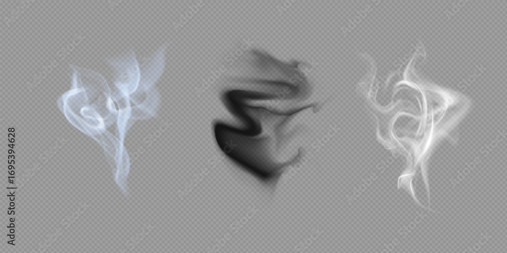 Obraz premium Realistic white cloud or fire smoke in the sky and vector weather element on transparent background. Chimney smoke, fog wave or cloud pattern with overlay effect. Cloud art or smoky air illustration.