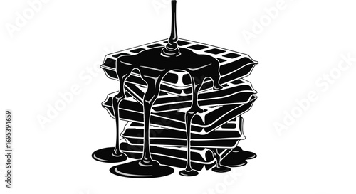 Delicious waffles stacked high and drizzled with rich chocolate syrup, a tempting sweet treat.