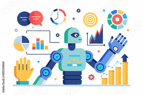 Flat-style illustration of a friendly, light blue robot surrounded by various data visualization and analytics icons (charts, graphs, clock). Symbolizes AI, data science, or automation.