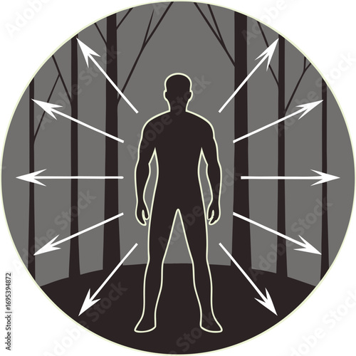 Silhouette of a person surrounded by arrows emanating from a dark forest symbolizing outward projection or influence