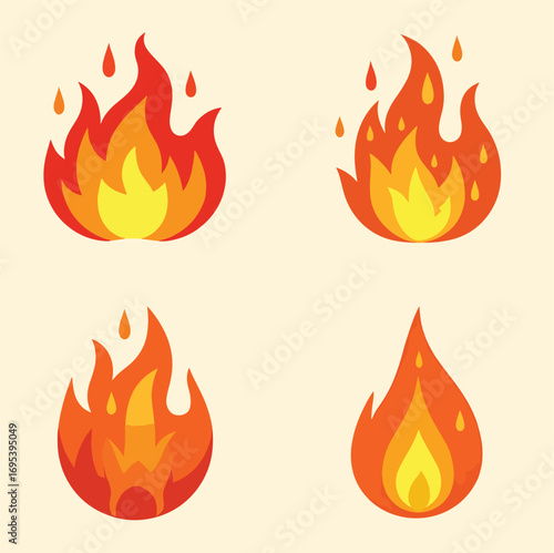 Adobe Illustrator Artwork Four firerelated icons on colorful squares. Perfect for fire safety materials, websites, social media posts, and educational graphics.
