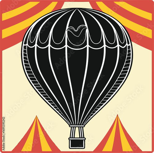 Vintage hot air balloon ascends against a vibrant circus tent backdrop with red and yellow striped curtains